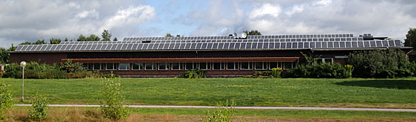 Bilden visar Gripenskolan i Nyköping, vars tak är fullt med solpaneler. 