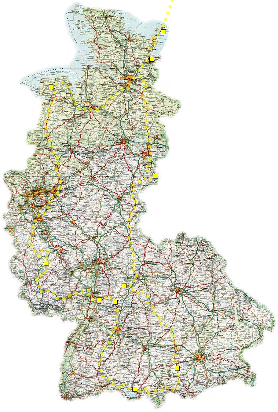 Bilden visar en stor detaljkarta över Västtyskland, med färdväg markerad hela varvet runt.