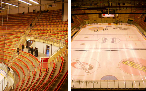 Bilden är tudelad och visar dels en av Timrås sittplatsläktare, dels hockeyrinken ovanifrån med resultattavlan delvis skymd av takstolar.