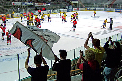 Bilden visar matchslutet från andra hållet, med applåderande och flaggviftande supportrar i förgrunden.